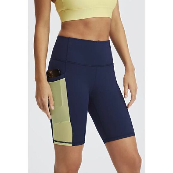 Fabletics Powerhold High Waisted Shorts Navy Blue Yellow Size Small - Picture 1 of 10